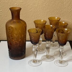 Mid Century Frosted Etched Amber Carafe & 6 Cordial Glasses Set Vintage M. Weems